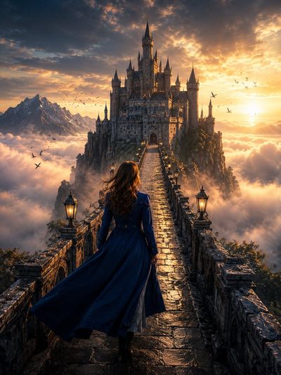 A woman in a blue coat crosses a stone bridge toward a floating castle.