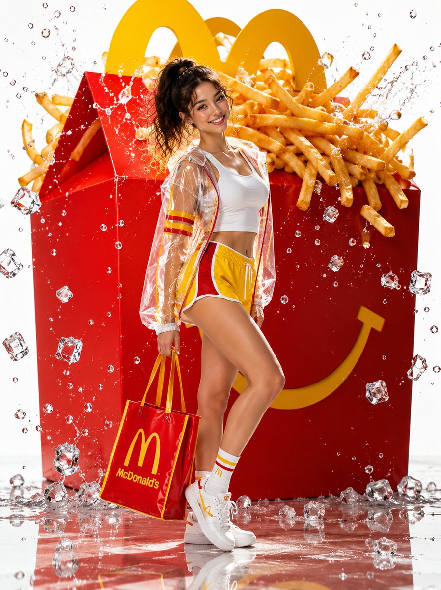 A radiant woman in a PVC jacket holds a McDonald's tote