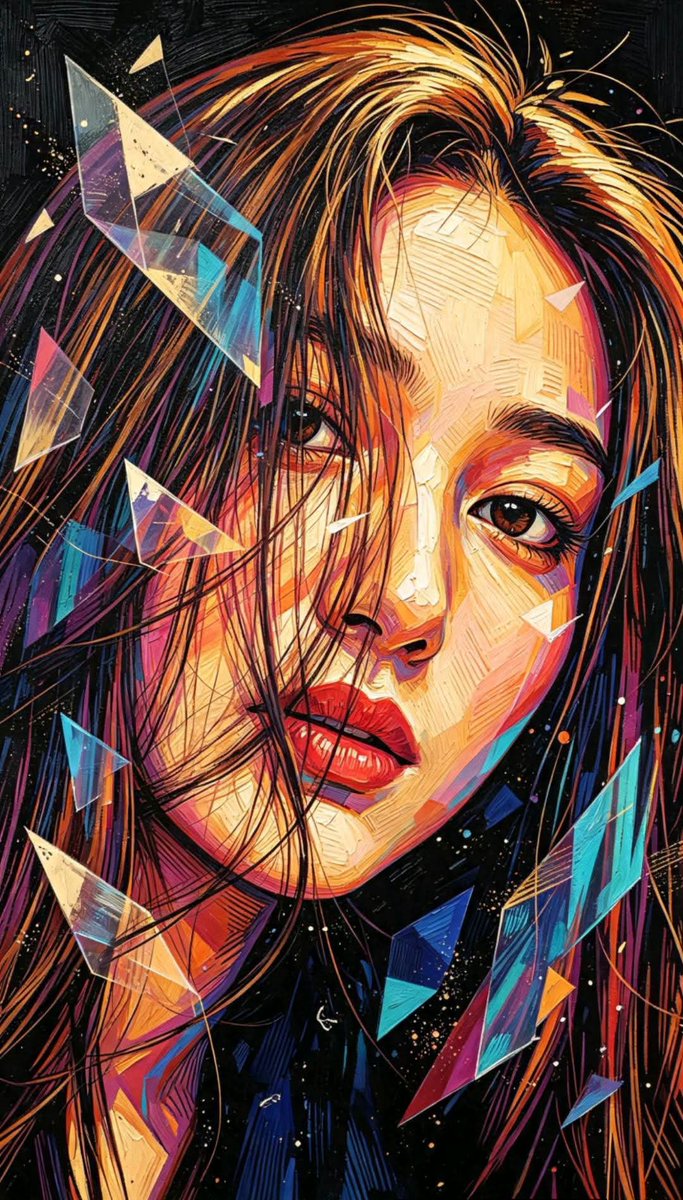A faceted portrait emerges from geometric color overlays and engraved lines