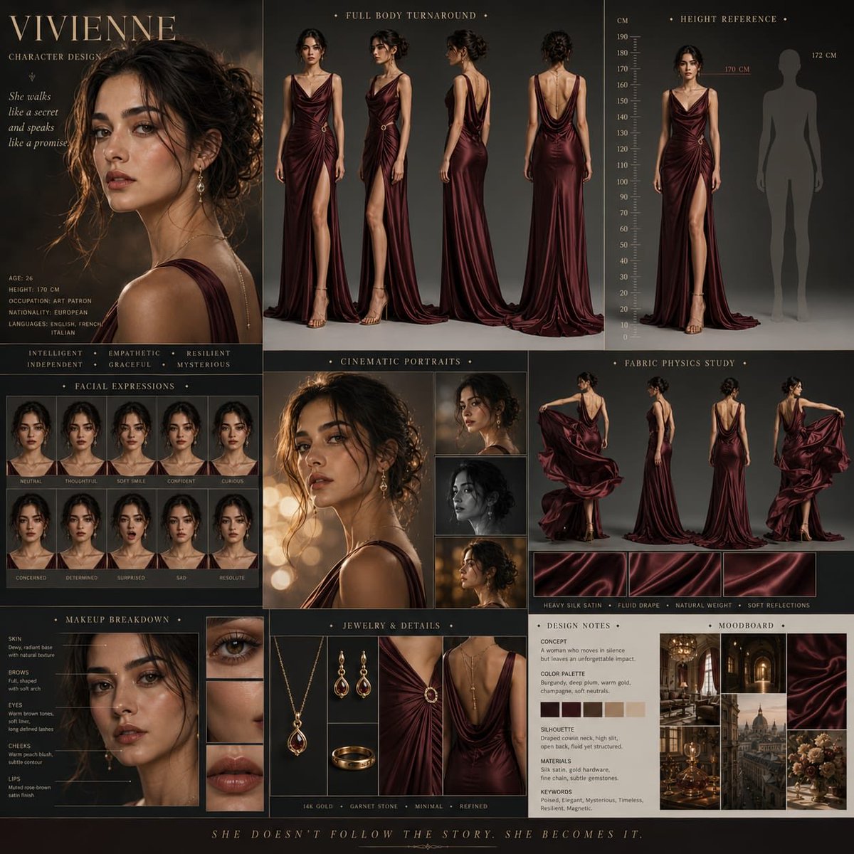 A radiant heroine in a sculpted silk gown poses dramatically