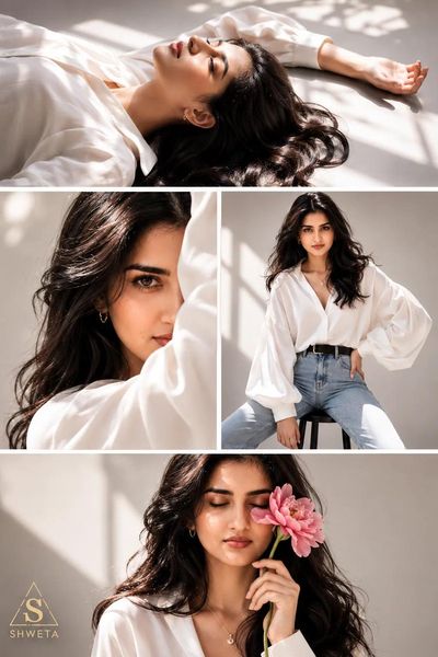Shweta wears minimalist couture in a stark white studio