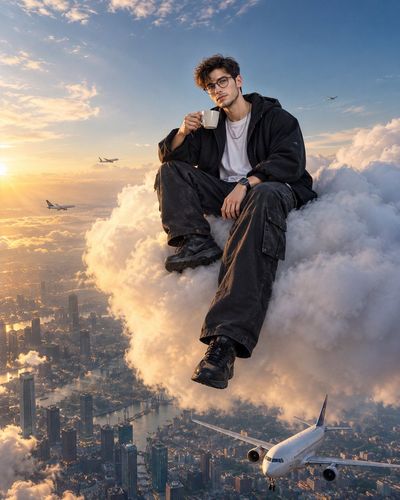 South Asian man sips coffee on cloud above city with airplanes