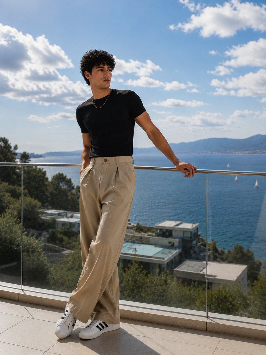 Model leans on glass railing overlooking ocean with sailboats