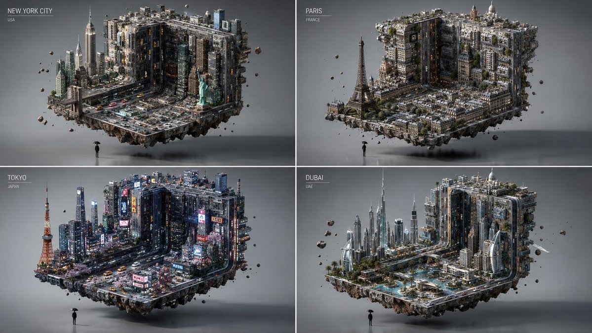 A floating diorama of Tokyo folds into an impossible architectural cube.