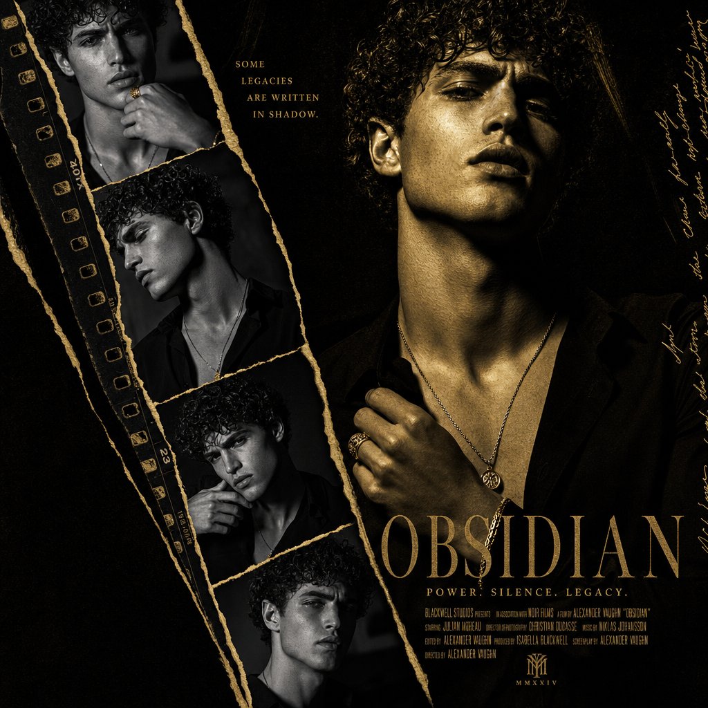 Curly-haired model in gold monochrome with dramatic shadows
