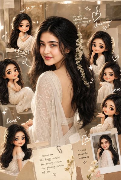 Indian woman in white saree smiles with chibi dolls