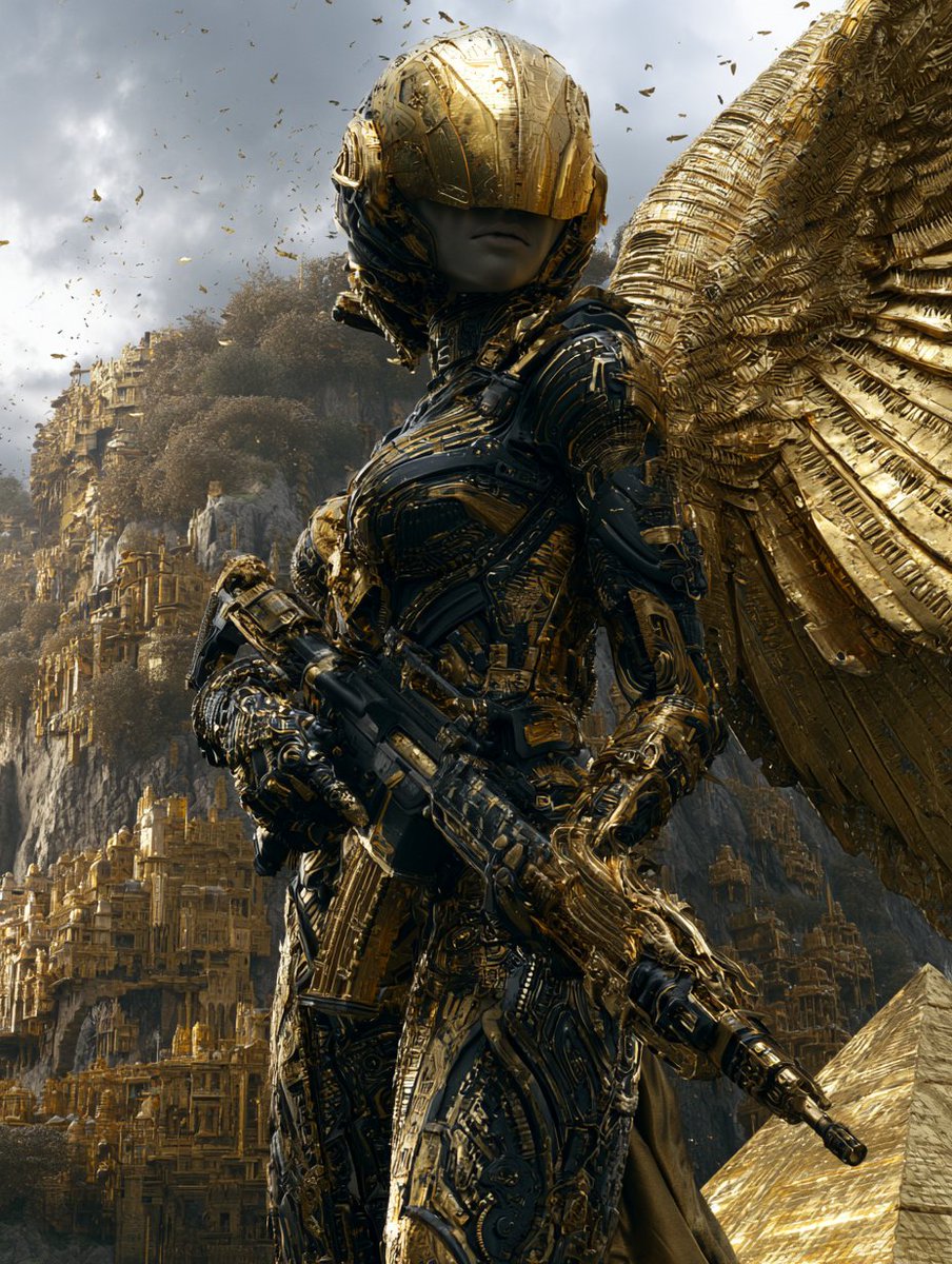 Golden winged warrior statue guards ancient hillside city under cloudy sky