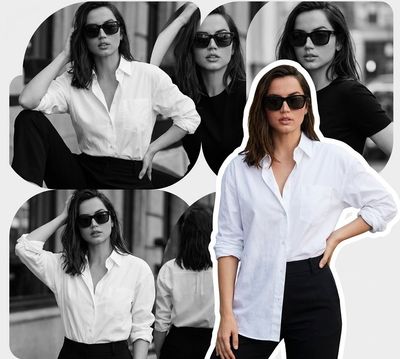 Black and white panels frame a confident woman in color cutout