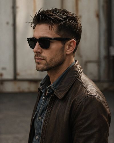 A handsome man in a leather jacket stands in profile