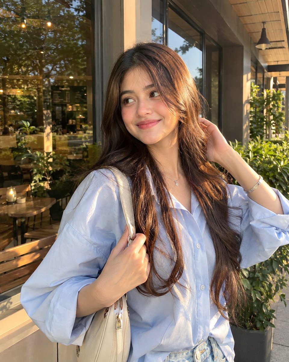 Golden Hour Portrait of a Young Woman at a Café Window