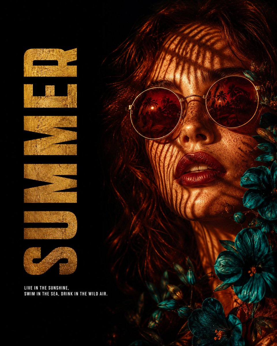 Golden hour heat radiates through palm shadows on a woman's face