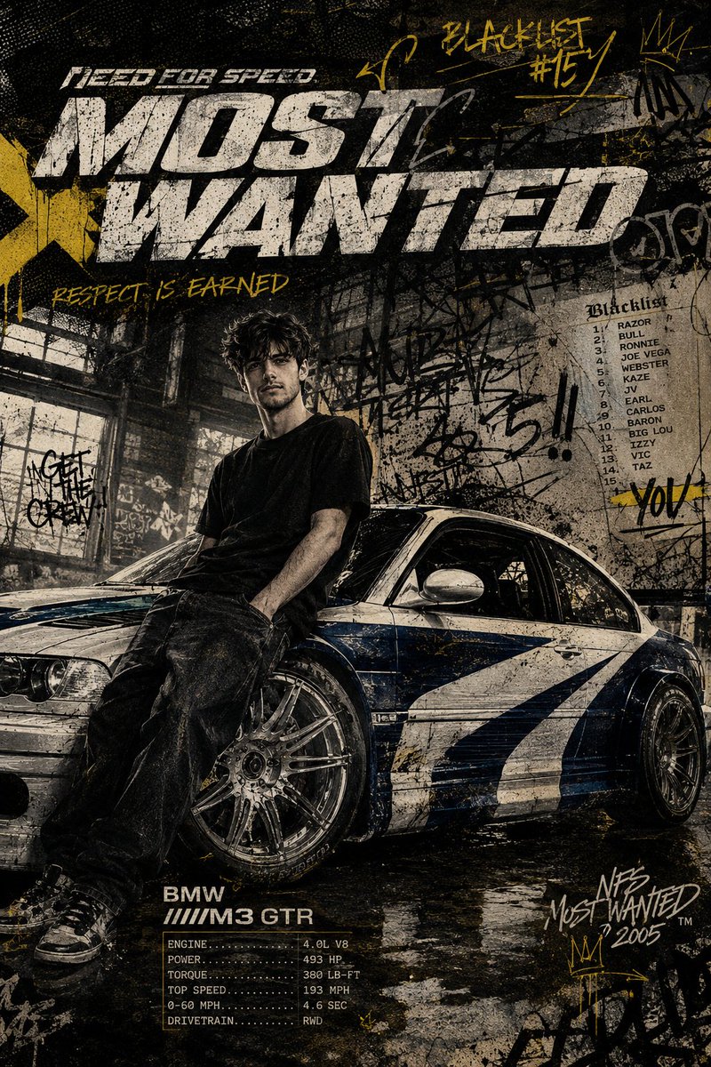 Street racer leans against iconic BMW M3 GTR in gritty warehouse