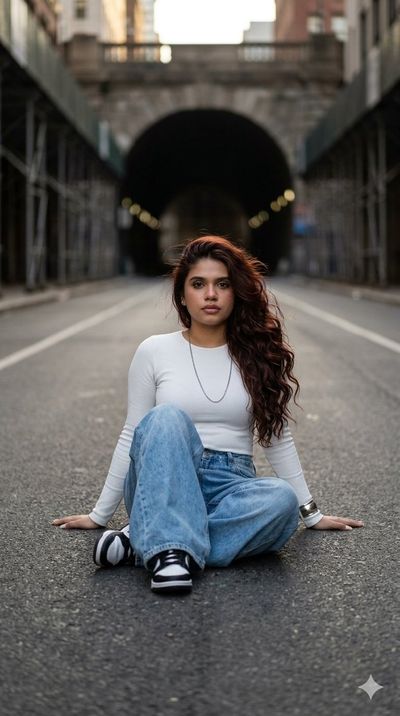 A woman sits alone on an empty city street at dusk