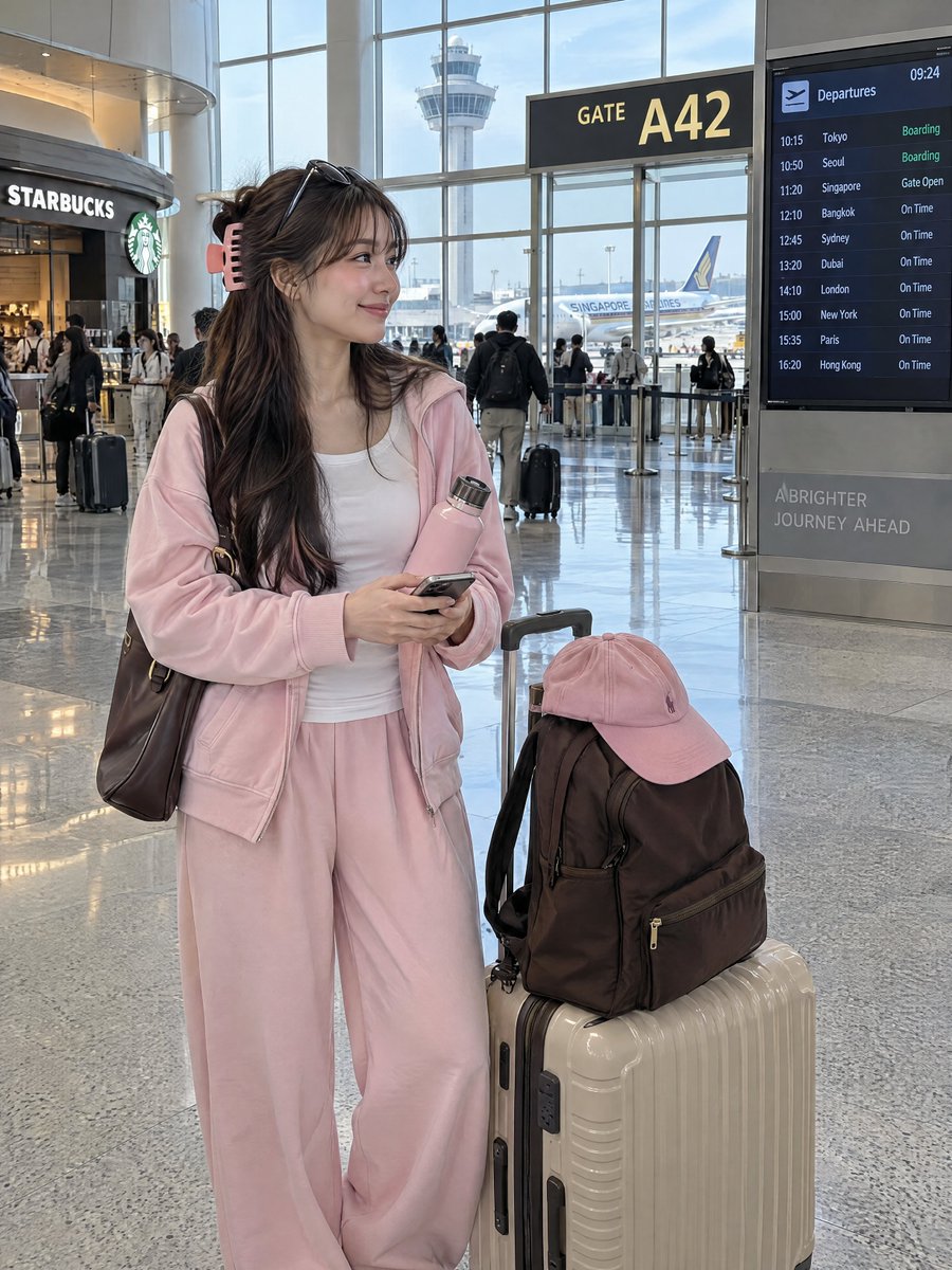 Young woman in pastel pink stands inside bright airport terminal near gate