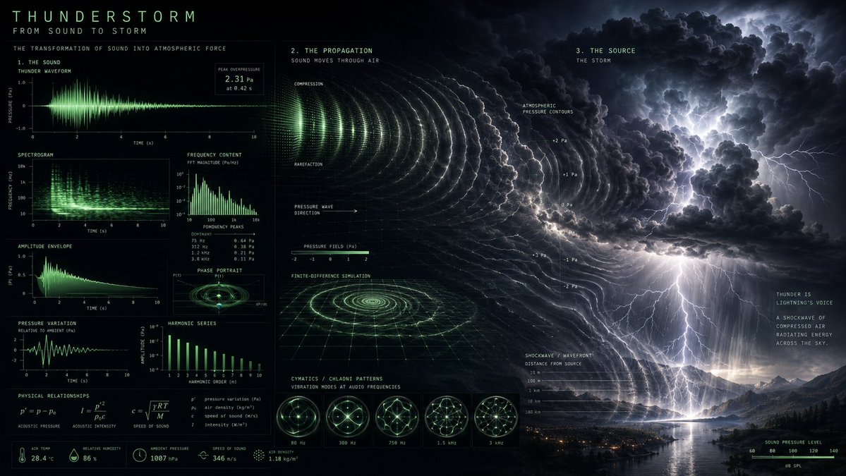 Thunderstorm sound visualized as cymatic patterns and waveforms