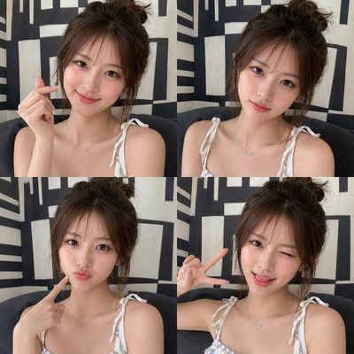 East Asian woman makes playful expressions in a 2x2 grid