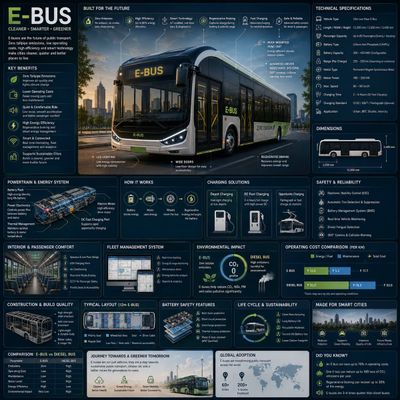 Futuristic electric bus drives through a smart city boulevard