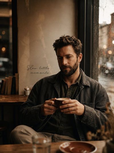 A bearded man sits in a café with warm golden light