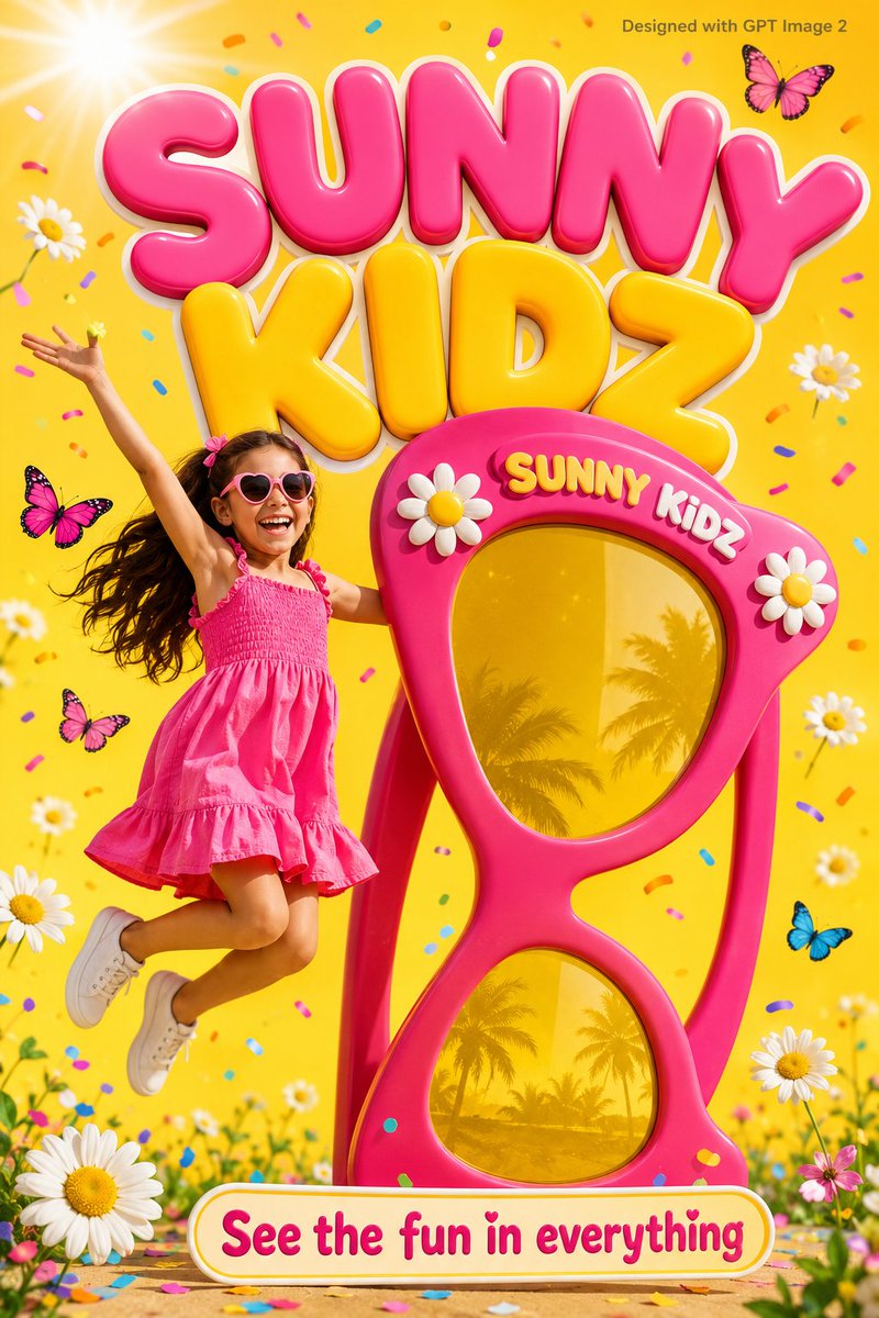 A joyful girl jumps beside a giant pink sunglasses frame