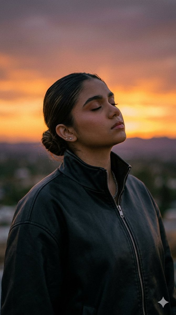 A girl in an oversized jacket feels the sunset breeze on her face.