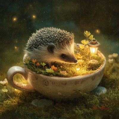 Microscopic Garden Magic: Baby Hedgehog Nurtures Lantern Glow