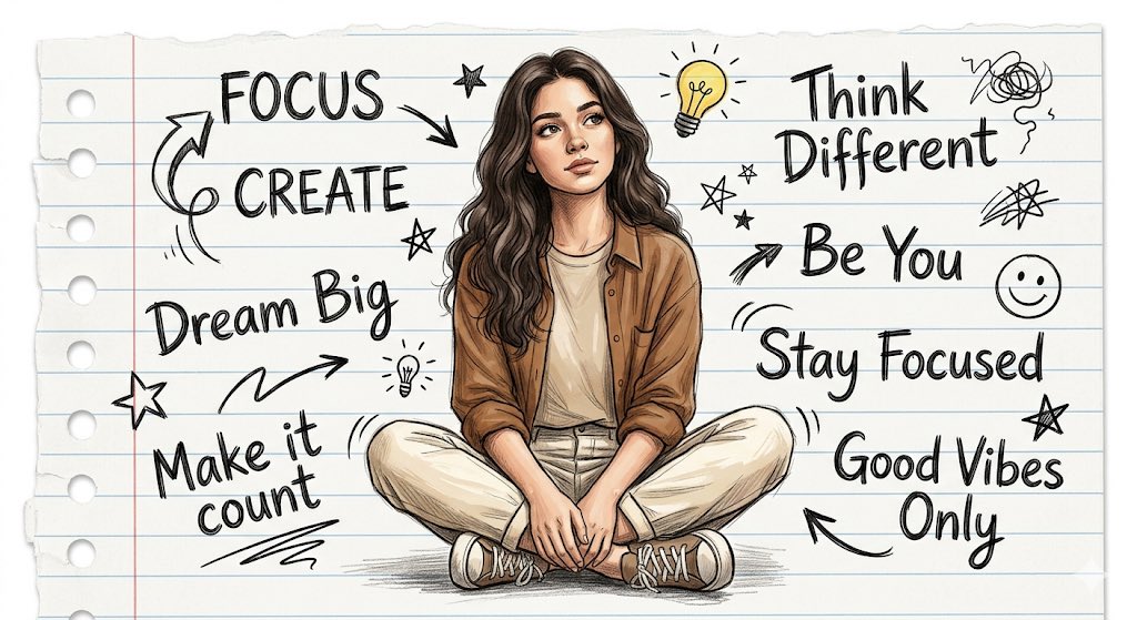 A focused young woman sits surrounded by motivational doodles and words.