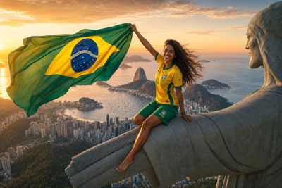 Young Brazilian fan lifts flag atop Christ the Redeemer at sunset
