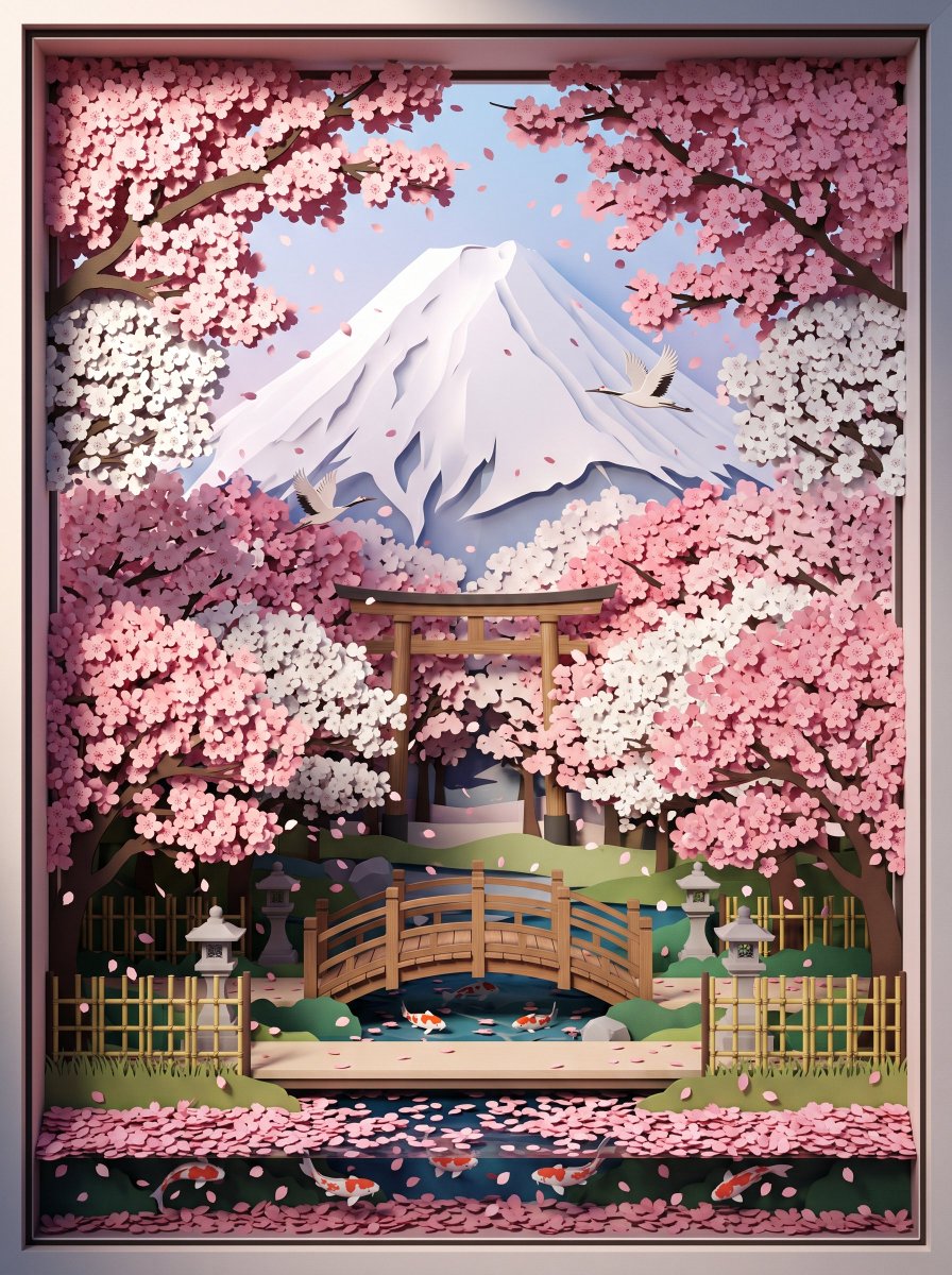 Romantic Layers of Paper: Cherry Blossoms and Mount Fuji