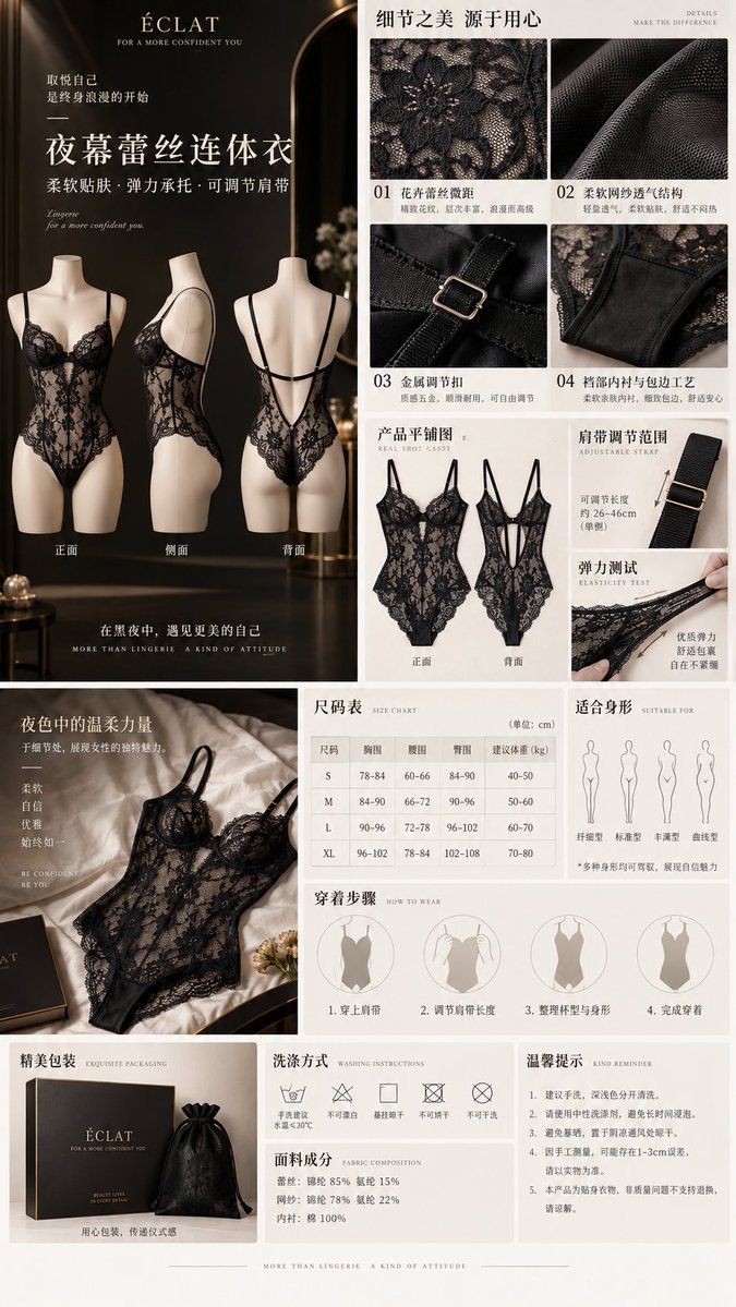 Black Lace Bodysuit Displayed in Premium E-Commerce Detail Page Layout