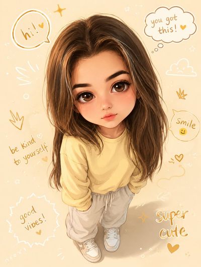 A cute chibi girl with oversized head looks up shyly