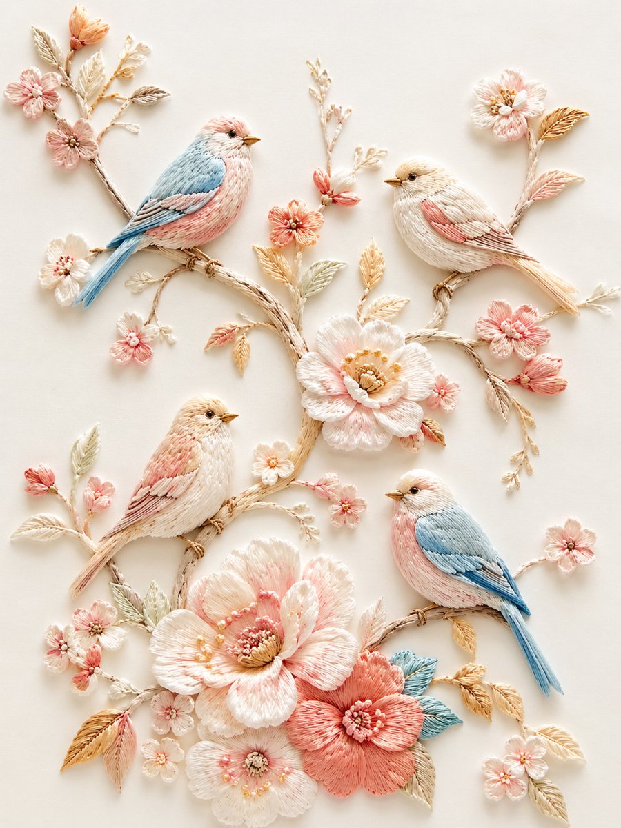 Delicate Embroidered Birds on Blossoming Branches