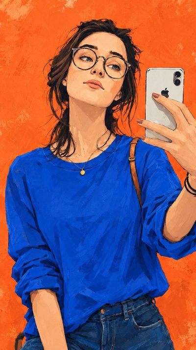 Woman in cobalt shirt takes selfie in coral background illustration
