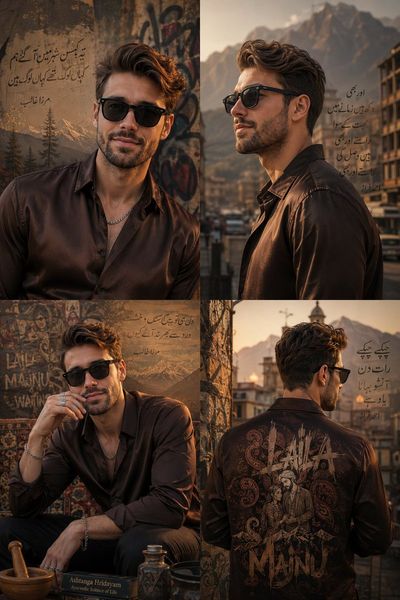 Confident model poses in four-panel urban chaos fashion poster