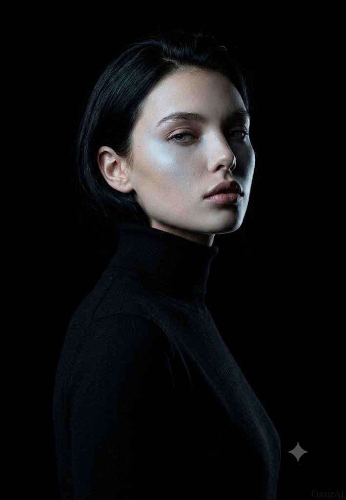 A model in a black turtleneck turns with cold intensity.