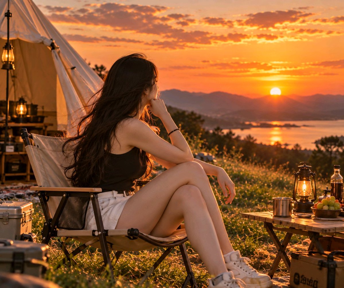 Young woman in black top watches sunset at campsite