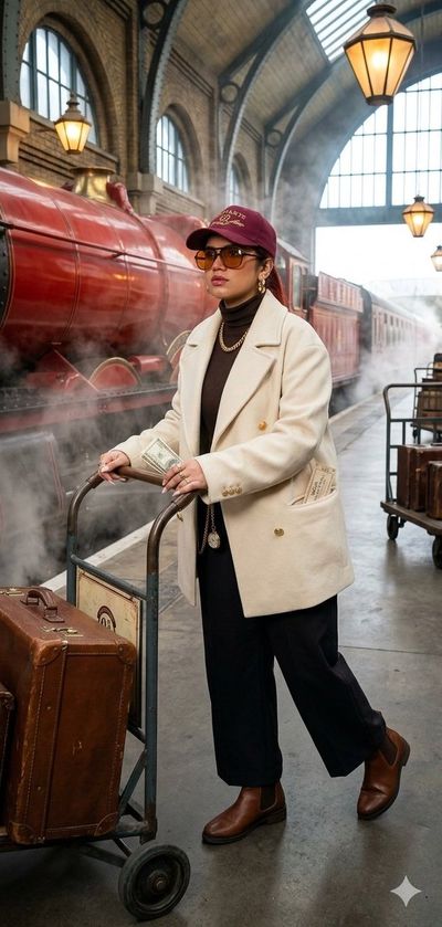 A stylish witch pushes a trolley past the Hogwarts Express