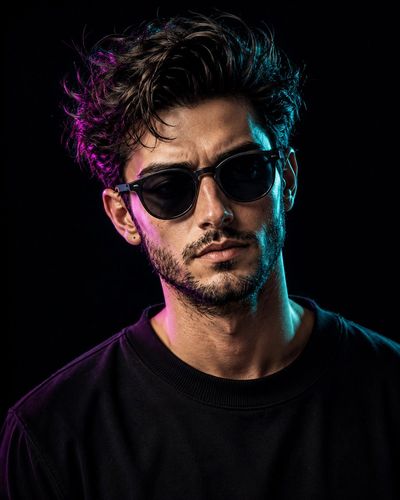 A man in black crew-neck faces camera with confident calm