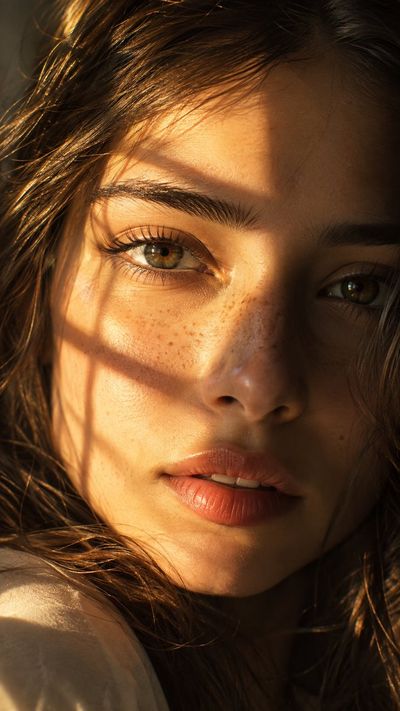 Golden sunlight carves soft shadows across a woman's thoughtful face
