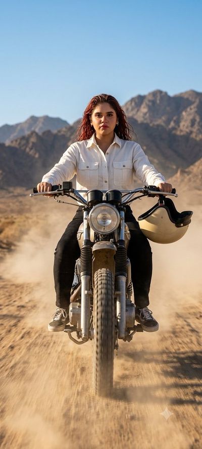 Rider in graphic tee drifts vintage scrambler through dusty desert trail