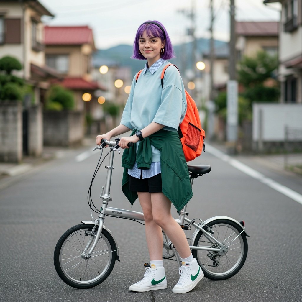 Wareen poses with a silver folding bike on a quiet Japanese street