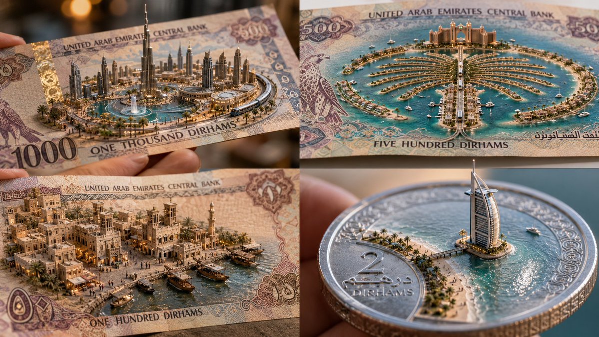 Dubai's skyline emerges from a gold coin in macro detail