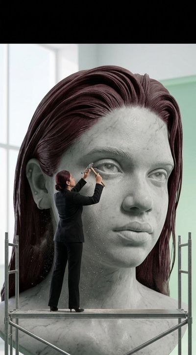 Woman carves her own stone likeness with hammer and chisel