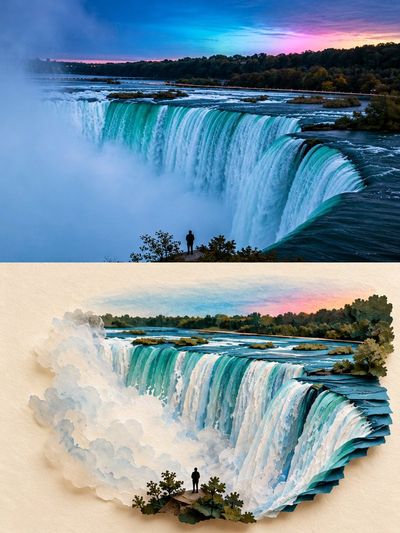 Photograph's contours inspire a miniature paper world below