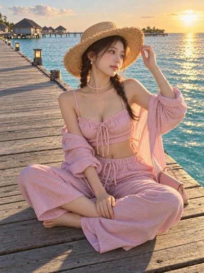 Golden Hour Glow on a Seaside Wooden Boardwalk