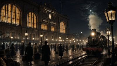 Golden light spills from Ramses Station onto nighttime Cairo platforms