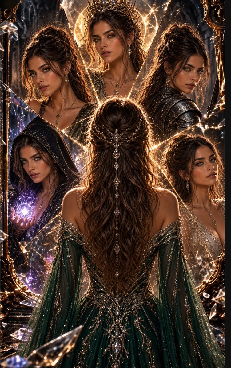 Woman in Emerald Gown Faces Shattered Mirror of Infinite Selves