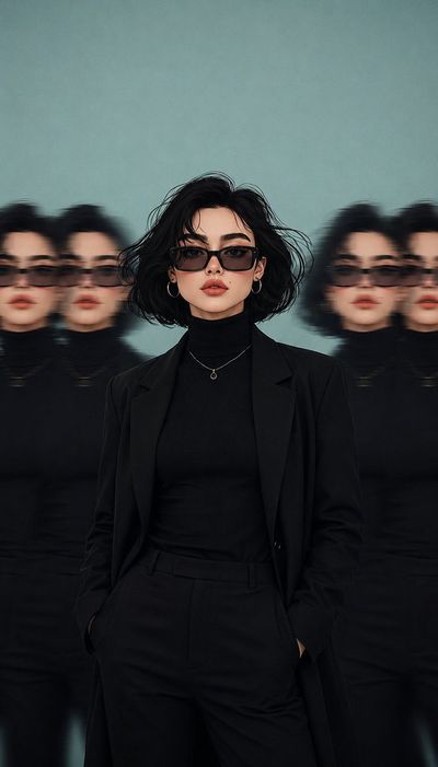 Confident woman in black blazer faces forward with blurred clones framing her
