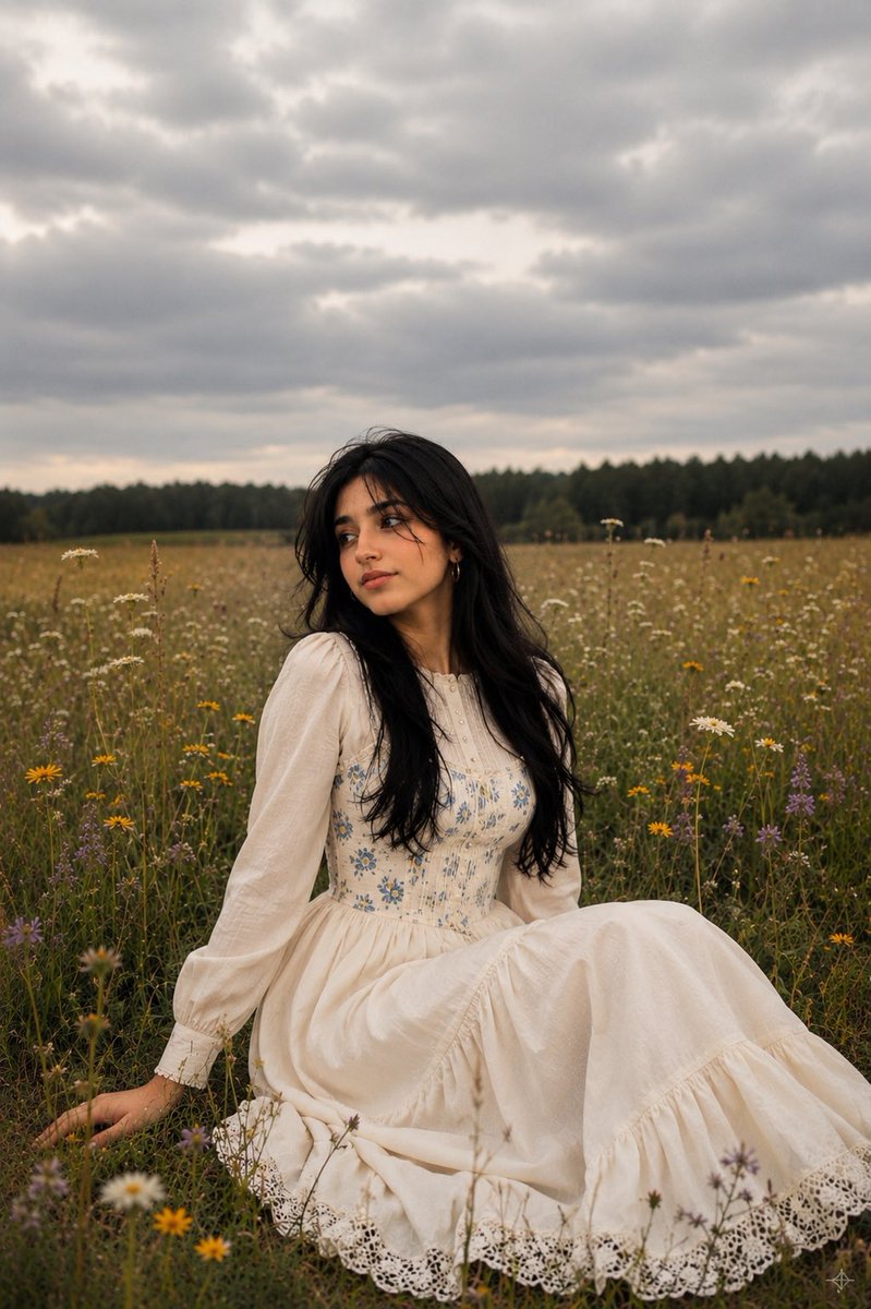 Woman in vintage ivory dress sits gracefully in wildflower meadow