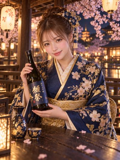 Japanese woman in navy furisode holds sake bottle under Kyoto lanterns