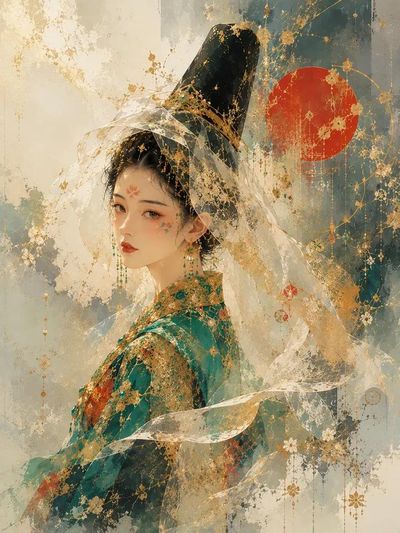 A Korean royal princess poses gracefully in emerald and gold hanbok